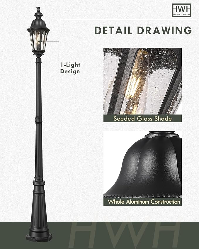 HWH Outdoor Pole Lights with Post 85'' Aluminum Lamp Post Light Fixtures with Seeded Glass, Exterior Hardwired Street Light for Outside Yard Garden Pathway, Matte Black, 5HW90PL BK