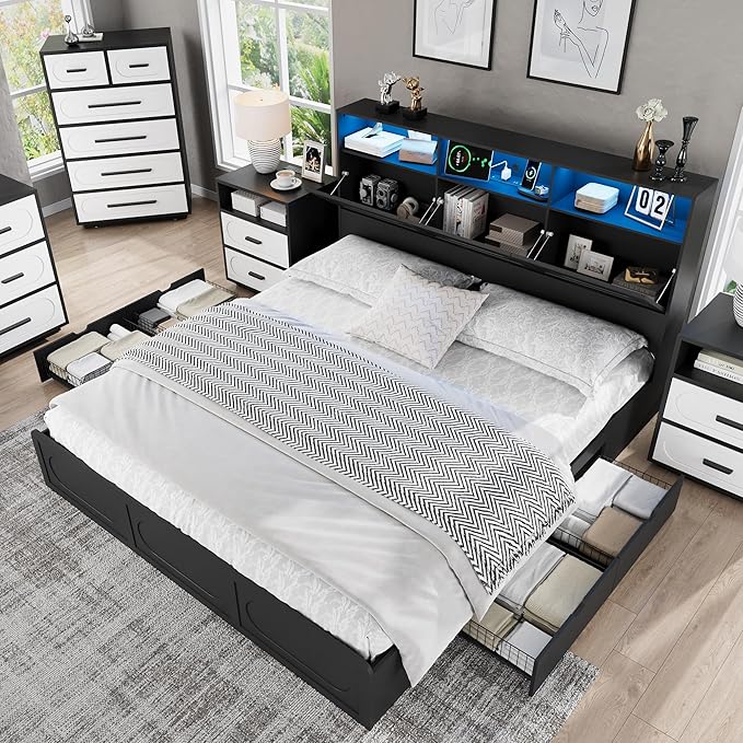 Black King Bed Frame with Storage Drawers, King Size Bed Frame with 48" Tall Storage Headboard and Charging Station, Platform Bed with LED Lights, No Box Spring Needed, Easy Assembly