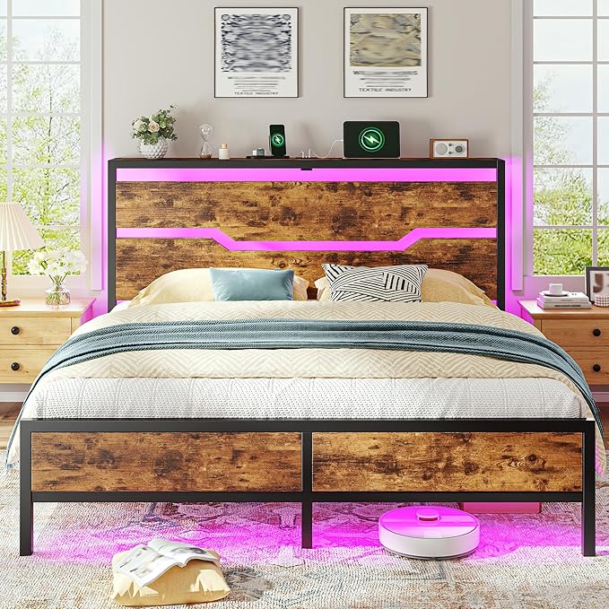 Full Size Bed Frame with LED Lights & Charging Station,Bed Frame Full with Headboard & 13" Under Bed Storage, All-Metal Support System, No Box Spring Needed, Easy Assembly,Modern Brown