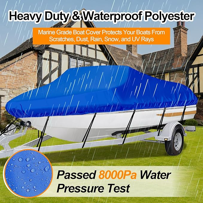 iCOVER Trailerable Boat Cover- 17'-19' Heavy Duty Waterproof Tarp Covers with Storage Bag, Fits V-Hull, Fish&Ski, Pro-Style, Fishing, Runabout, Bass Boats, up to 17ft-19ft Long X 96" Wide