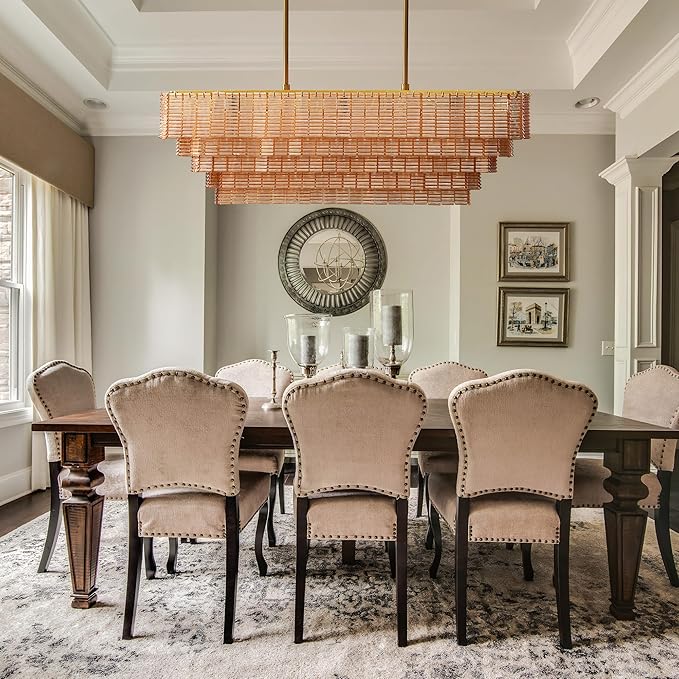 Rectangular Large Chandelier for Dining Room, 59" Amber Glass Pendant Light Fixture Over Kitchen Island, Linear Chandelier with Adjustable Height, Gold Chandeliers for Dining Table & Living Room