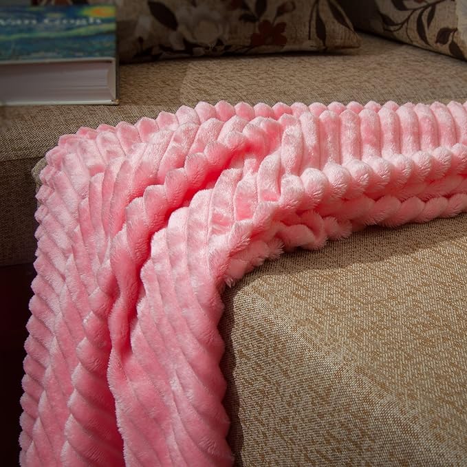 NTBAY Plush Flannel Oversized Baby Blanket, 50X60 Inches Soft and Warm Toddler Blanket with Striped Texture Nursery Bed Blanket for Stroller, Crib, Travel, Baby Gift, 50"x60", Pink