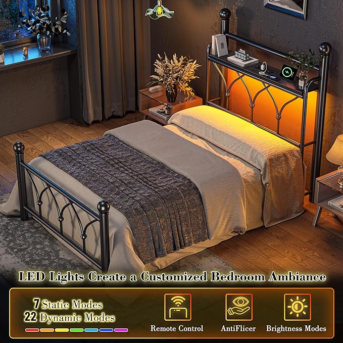 EnHomee Twin Bed Frame with Headboard,Metal Twin Size Bed Frame with Storage,LED Lights,Power Outlets,Sturdy & Easy Assembly,No Box Spring Needed,Black