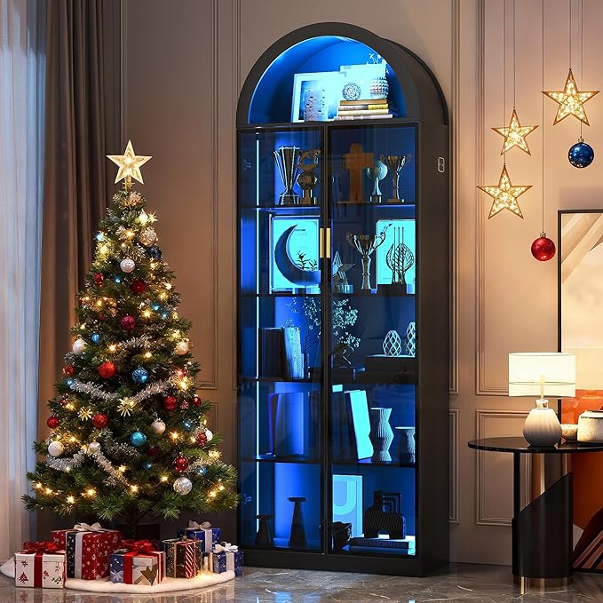 Arch Display Cabinet with Doors and Adjustable Shelves, 76" Tall Curio Cabinet with LED Lights/Storage Space, 6 Tier Display Case Bookcase for Collectibles Bedroom Living Room Office, Black