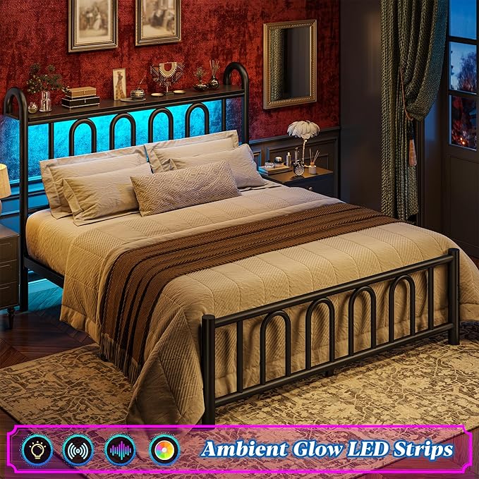 Full Size Bed Frame Metal Platform Bed Frame/Victorian Headboard and Footboard/LED Light/Sturdy Mattress Foundation with Under Bed Storage/No Box Spring Needed/Noise-Free/Easy Assembly, Black