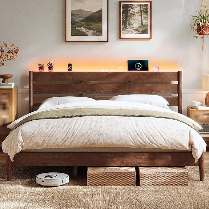 SONGMICS Home King Bed Frame with Headboard, LED Lights & Charging Station, Solid Wood Legs and Slats, Mid-Century Modern Platform Bed, No Box Spring Needed, Coffee Brown URMB414K02V1