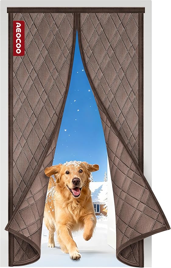 Insulated Door Curtains for Doorways/Front/Back/Basement, Fit Size up to 38 x 82 Inches, Magnetic Thermal Door Cover for Winter, Oxford Filled with Thick Cotton to Keep Warm, Brown, Diamond