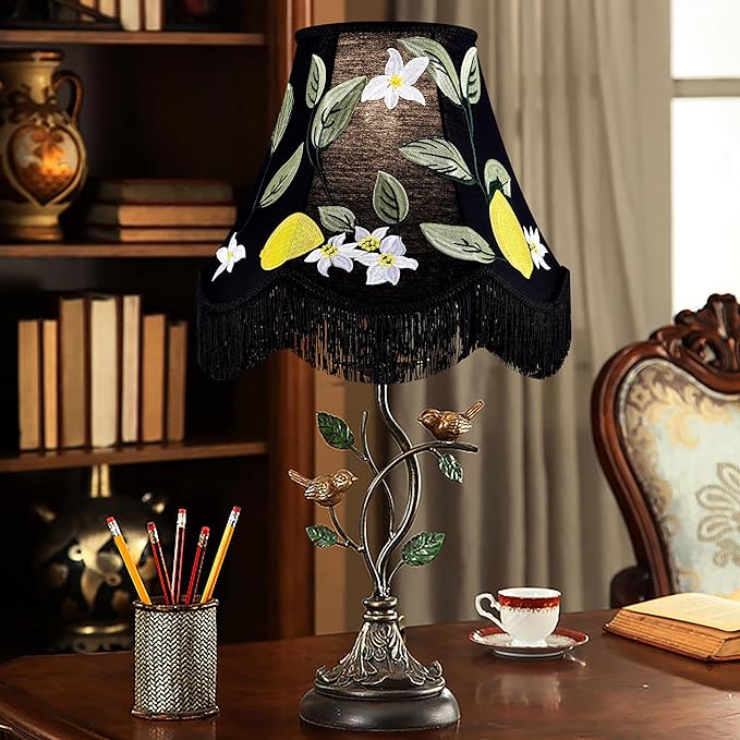 GO&SO Black Floral Embroidery Bell Lamp Shades Set of 2,Handcrafted Silk Petal Edge with Fringe Trim,6"x13"x10.6"(Spider),Vintage Ornate Lamp Shade Replacement for Table,Floor Lamps,Easy Assembly