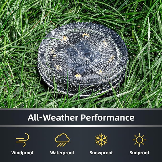 Glass Solar Ground Lights with Ray Style, Modular-Design Waterproof In-Ground Light for Patio Pathway Lawn Yard Deck Walkway, Decorative Disk Lighting for Garden Bed, Warm White (4 Pack)
