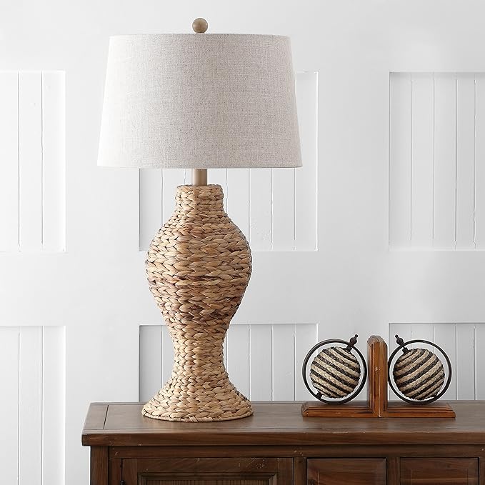 JONATHAN Y JYL1015A 31" Tall Coastal Table Lamp, Natural Woven Water Hyacinth Boho Accent Lamp with Gray Linen Shade for Living Room, Bedroom, Farmhouse Bedside End Table, LED Bulb Included