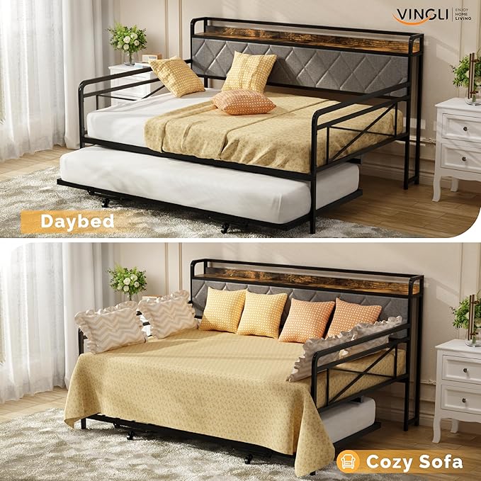 VINGLI Full Daybed with Trundle Bed, Upholstered Day Bed with LED Light & Charing Station, Sofa Bed Frame with Storage Headboard and Heavy Duty Metal Slats, for Living Room, Bedroom, Guest Room, Gray