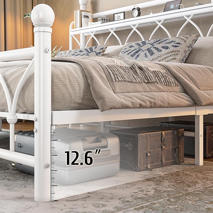 EnHomee 54" King Bed Frame with Headboard, Metal King Size Bed Frame with LED Lights and Power Outlets, Heavy Duty Steel Slats Support with Storage, Sturdy & Noise-Free, No Box Spring Needed, White