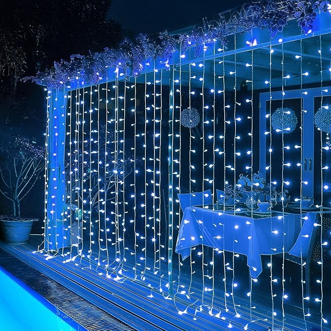Dazzle Bright 300 LED Curtain String Lights, Christmas Fairy Lights for Bedroom with 8 Lighting Modes, Connectable Waterproof Window Lights Party Wedding Garden Wall Decor, Blue