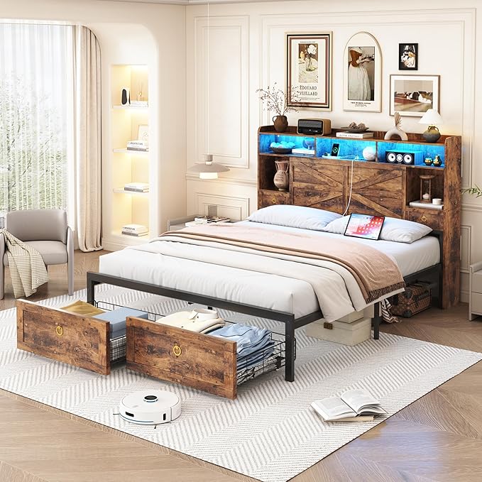 Queen Bed Frame with 4 Drawers Bookshelf Headboard, Farmhouse Bed Frame with Charging Station & LED Lights, Metal Slats Support, Noise Free, No Box Spring Needed Rustic Brown