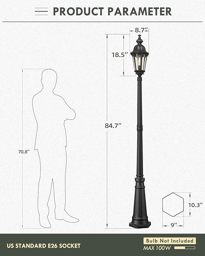 HWH Outdoor Pole Lights with Post 85'' Aluminum Lamp Post Light Fixtures with Seeded Glass, Exterior Hardwired Street Light for Outside Yard Garden Pathway, Matte Black, 5HW90PL BK