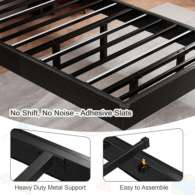 Twin Bed Frames with LED Lights and Charging Station - Wood Floating Bed Frame with Storage Headboard, Adhesive Slats, Kick-Free & Noise-Free Design, Easy Assembly, Black