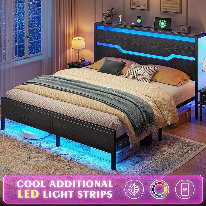 Full Size Bed Frame with LED Lights & Charging Station, Bed Frame Full with Storage Headboard,13" Under Bed Storage, No Box Spring Needed,No Noise, Easy Assembly,Modern Black