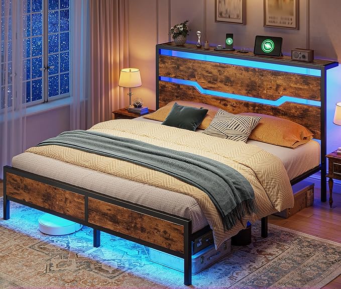 Full Size Bed Frame with LED Lights & Charging Station,Bed Frame Full with Headboard & 13" Under Bed Storage, All-Metal Support System, No Box Spring Needed, Easy Assembly,Modern Brown