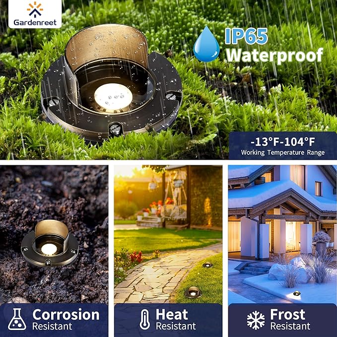Gardenreet Landscape In Ground Well Lights - Brass Low Voltage Electric LED Ip65 Lights, 12V Wired Fixture, Antique Bronze for Driveway Patio Tree with 5000K Daylight White MR16 Bulb