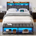 VECELO Queen Size Bed Frame with LED Lights and Bench, Upholstered Headboard Bed Frame with Storage & USB Charging Station, Sturdy Metal Frame, No Box Spring Needed, Grey