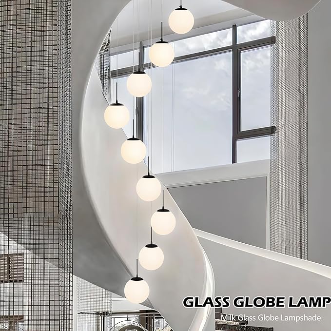 KoKo&Yukina 9-Light Globe Milky White Glass Pendant Light Adjustable Length Pendant Lights Modern Glass Globe Pendant Lights Black Chandeliers Large Chandeliers for High Ceilings (Bulb & Remote Incl)