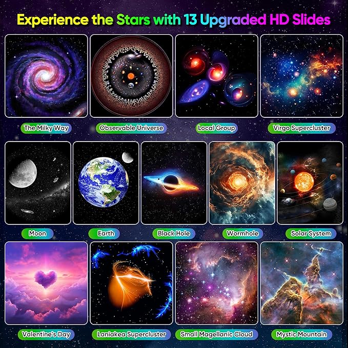 Star Projector, Upgraded 13 in 1 HD Planetarium Galaxy Projector for Bedroom, 360° Rotating Star Projector Galaxy Light with Adjustable Knob and Timer for Kids, Ceiling, Gifts, Room Decoration