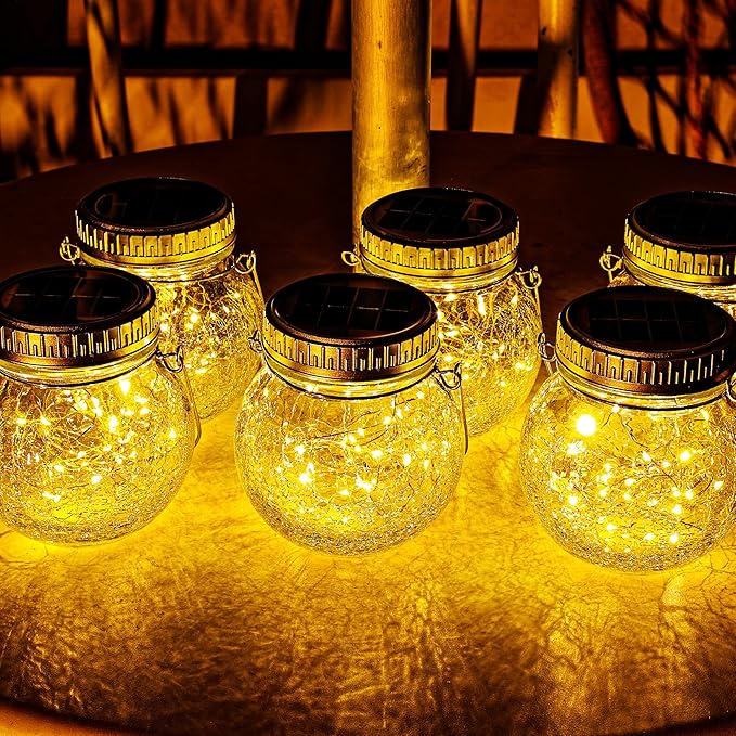 Cooo 6 Pack Crackle Glass Solar Lantern with 30 LED Firefly Lights– Waterproof Outdoor Hanging Lamp 215% Larger Solar Panel, Anti-Rust Lids Decorative Lighting for Garden Patio Christmas Decorations