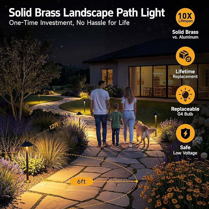 Gardenreet Low Voltage Landscape Lighting Brass - 12v Pathway Lights Waterproof, Hard Wired Path Light Outdoor, Mushroom Bronze for Exterior Area Patio House with 3W 5000K Daylight G4 Bulb (4 Pack)