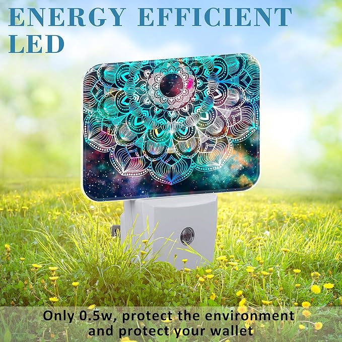 Abstract Mandala Flowers Plug in Night Lights, Colorful Galaxy Mandala Nightlight Plug Into Wall Dusk to Dawn Sensor for Kid Girls Boys Women Men Room, Hallway, Kitchen, Bathroom, Stairs Decor