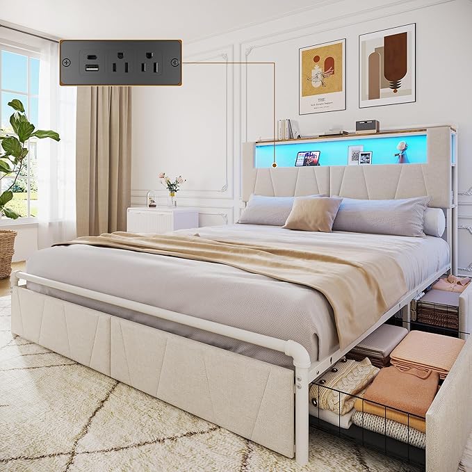 Queen Bed Frame with Storage Drawers, Upholstered Headboard with Charging Station & LED Lights, Metal Platform Bed Frame Queen Size, Noise Free, No Box Spring Needed, Easy Assembly, Beige