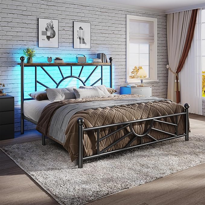 Metal Full Size Bed Frame with Headboard and Footboard, Full Size Bed Frame with LED Light, Mattress Foundation with Under Bed Storage/No Box Spring Needed/Noise-Free/Easy Assembly, Black