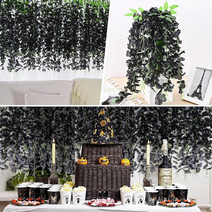 BLEUM CADE 36Pcs Black Fake Wisteria Hanging Flowers, 3.6Ft/Pcs Artificial Wisteria Garland, Hanging Flowers for Wedding Party Home Backdrop Wall Decoration
