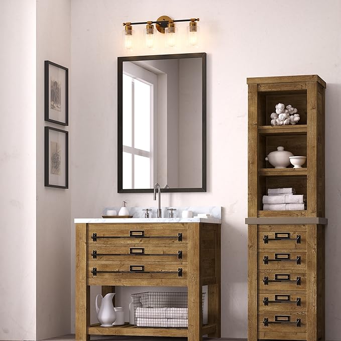 Inlight 23" Wide 4-Light Brass Gold Bathroom Vanity Light, Modern Black Bath Lighting, Clear Ribbed Glass Shade Wall Sconce, Bulb Not Included, IN-0445-4-GD