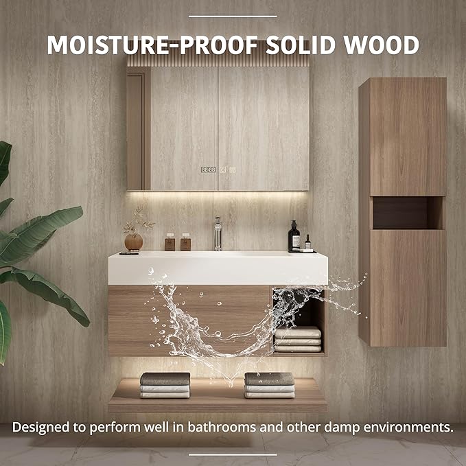 24" Modern Floating Bathroom Vanity Set with Sink, Side Cabinet, LED Smart Mirror Cabinet, Soft-Close Drawer & Open Storage Shelves, Light Walnut