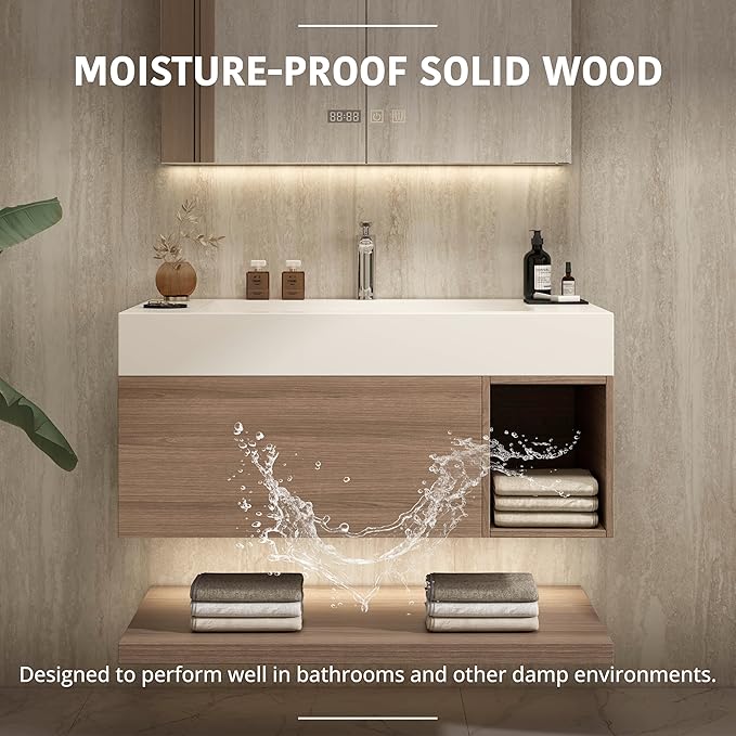 48" Modern Floating Bathroom Vanity Set with Sink, LED Smart Mirror Cabinet, Soft-Close Drawer and Open Storage Shelves, Light Walnut