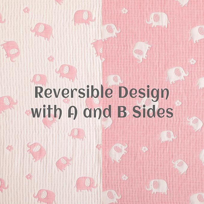 NTBAY 3 Layer Muslin Cotton Toddler Blanket, Jacquard Reversible Nursery Bed Blanket, Super Soft and Thermal for All Seasons, Decoration Gift, 30"x40", Pink Elephant
