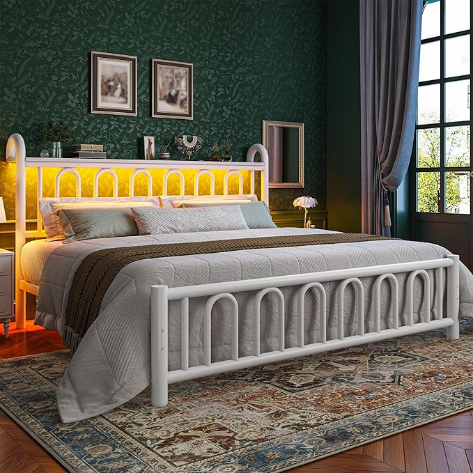 King Size Bed Frame Metal Platform Bed Frame/Victorian Headboard/LED Light/Sturdy Mattress Foundation with Under Bed Storage/No Box Spring Needed/Noise-Free/Easy Assembly, White