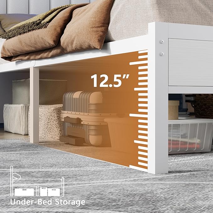 Furnulem White Queen Bed Frame with Charging Station & Led Lights, Pu Leather Upholstered Headboard W/ 2-Tier Storage Shelves, No Box Spring Needed, Metal Slat Support, Solid And Stable, Easy Assembly