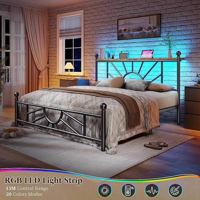 Metal Full Size Bed Frame with Headboard and Footboard, Full Size Bed Frame with LED Light, Mattress Foundation with Under Bed Storage/No Box Spring Needed/Noise-Free/Easy Assembly, Black