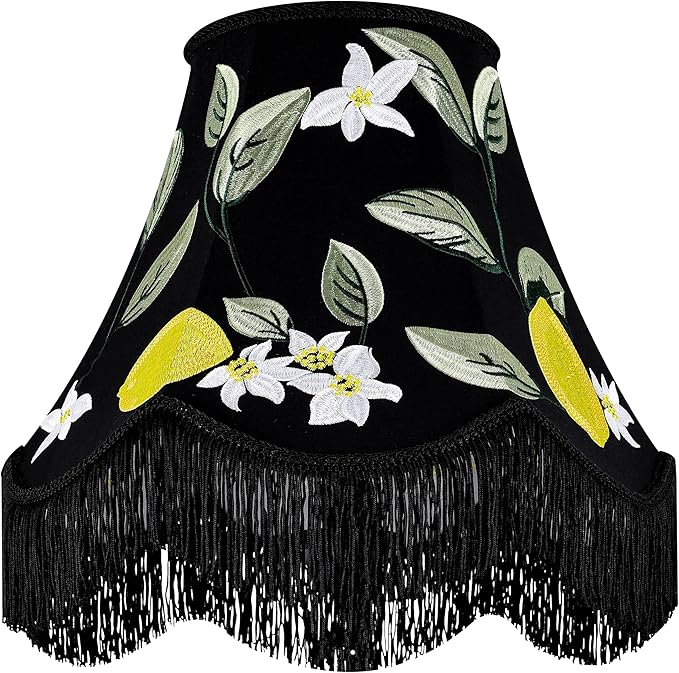 GO&SO Black Floral Embroidery Bell Lamp Shades Set of 2,Handcrafted Silk Petal Edge with Fringe Trim,6"x13"x10.6"(Spider),Vintage Ornate Lamp Shade Replacement for Table,Floor Lamps,Easy Assembly