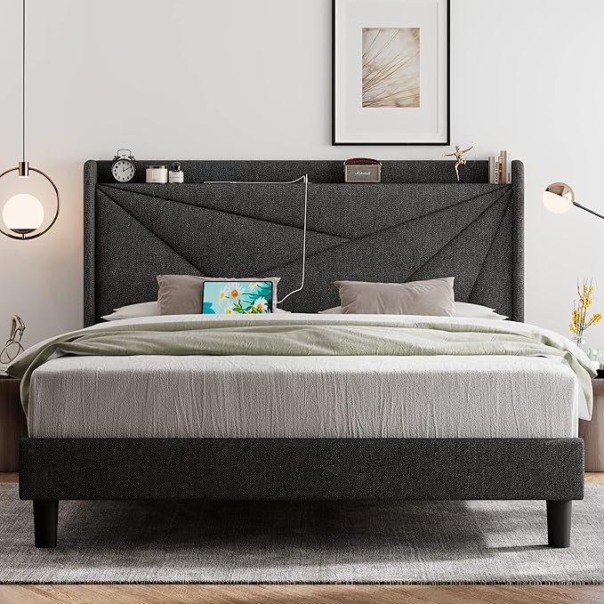 Feonase Queen Size Bed Frame with Charging Station, Linen Platform Bedframe with Wingback Storage Headboard, Solid Wood Slats Support, No Box Spring Needed, Noise Free, Dark Gray