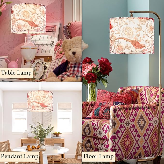 GO&SO 1 Pack Floral Bird Large Drum Lamp Shade,1.65"Spider E27 Base,16" x16" x12",Printed Pattern Design,DIY Assembly with Multi-Adapter (E26/E14/10mm),Ideal for Floor/Table Lamps/Pendant Lighting