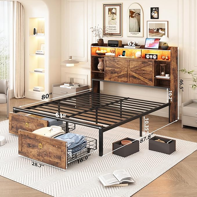 Queen Bed Frame with 4 Drawers Bookshelf Headboard, Farmhouse Bed Frame with Charging Station & LED Lights, Metal Slats Support, Noise Free, No Box Spring Needed Rustic Brown