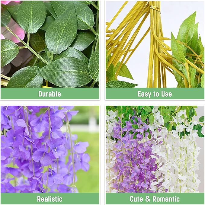 BLEUM CADE 10Pcs White & Purple Fake Wisteria Hanging Flowers, 3.6Ft/Pcs Artificial Wisteria Garland, Hanging Flowers for Wedding Party Home Backdrop Wall Decoration
