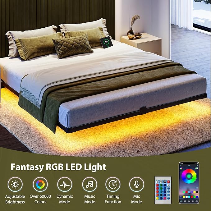 Bed Frame Queen Size, Floating Queen Bed Frame with LED Lights & Charging Station, Modern Metal Platform Bed Frame with Mattress Slide Stopper, Noise-Free, No Box Spring Needed, Easy Assembly