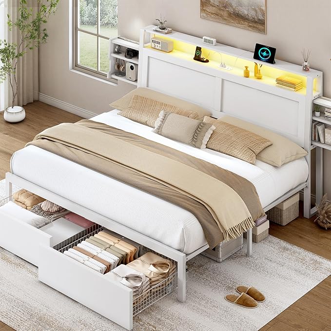 LARMACE King Size Bed Frame with Charging Station and LED Lights Wooden Platform Bed Frame with Storage Drawers and Ergonomic Headboard,2-Tier Hidden Storage,No Box Spring Needed,Easy Assembly,White