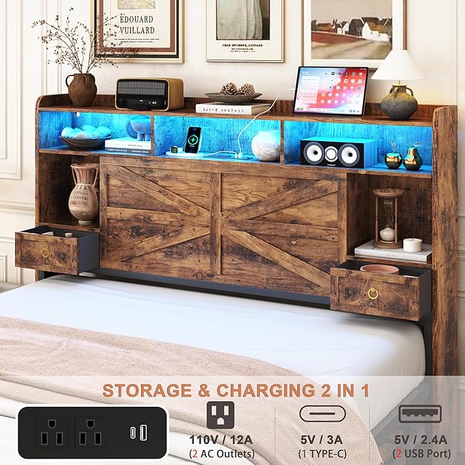 Queen Bed Frame with 4 Drawers Bookshelf Headboard, Farmhouse Bed Frame with Charging Station & LED Lights, Metal Slats Support, Noise Free, No Box Spring Needed Rustic Brown