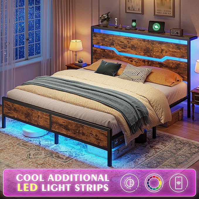 Full Size Bed Frame with LED Lights & Charging Station,Bed Frame Full with Headboard & 13" Under Bed Storage, All-Metal Support System, No Box Spring Needed, Easy Assembly,Modern Brown