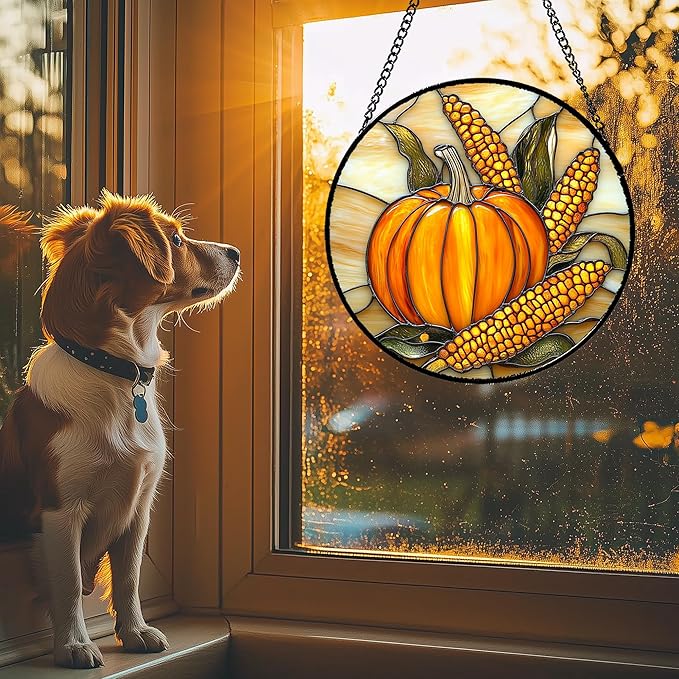Stained Glass Window Hanging Autumn Harvest Pumpkin Corn 9.8" - Suncatcher Door Garden Kitchen Sunroom Sun Catcher Fall Home Decor Birthday for Mom Grandma Men Woman