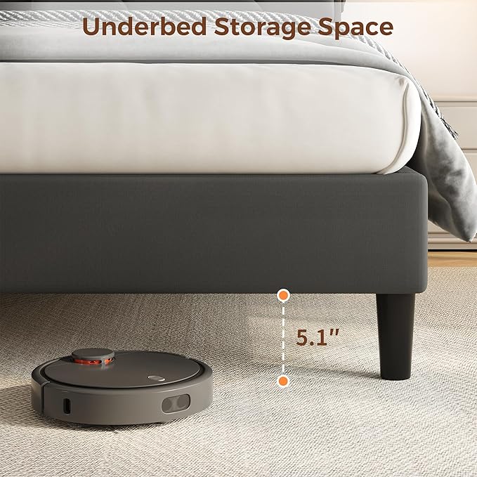 Queen Size Velvet Bed Frame with Ergonomic Headboard, Upholstered Platform Bed with LED Light & Charging Station, Wooden Slats Support, Noise-Free, No Box Spring Needed (Grey)